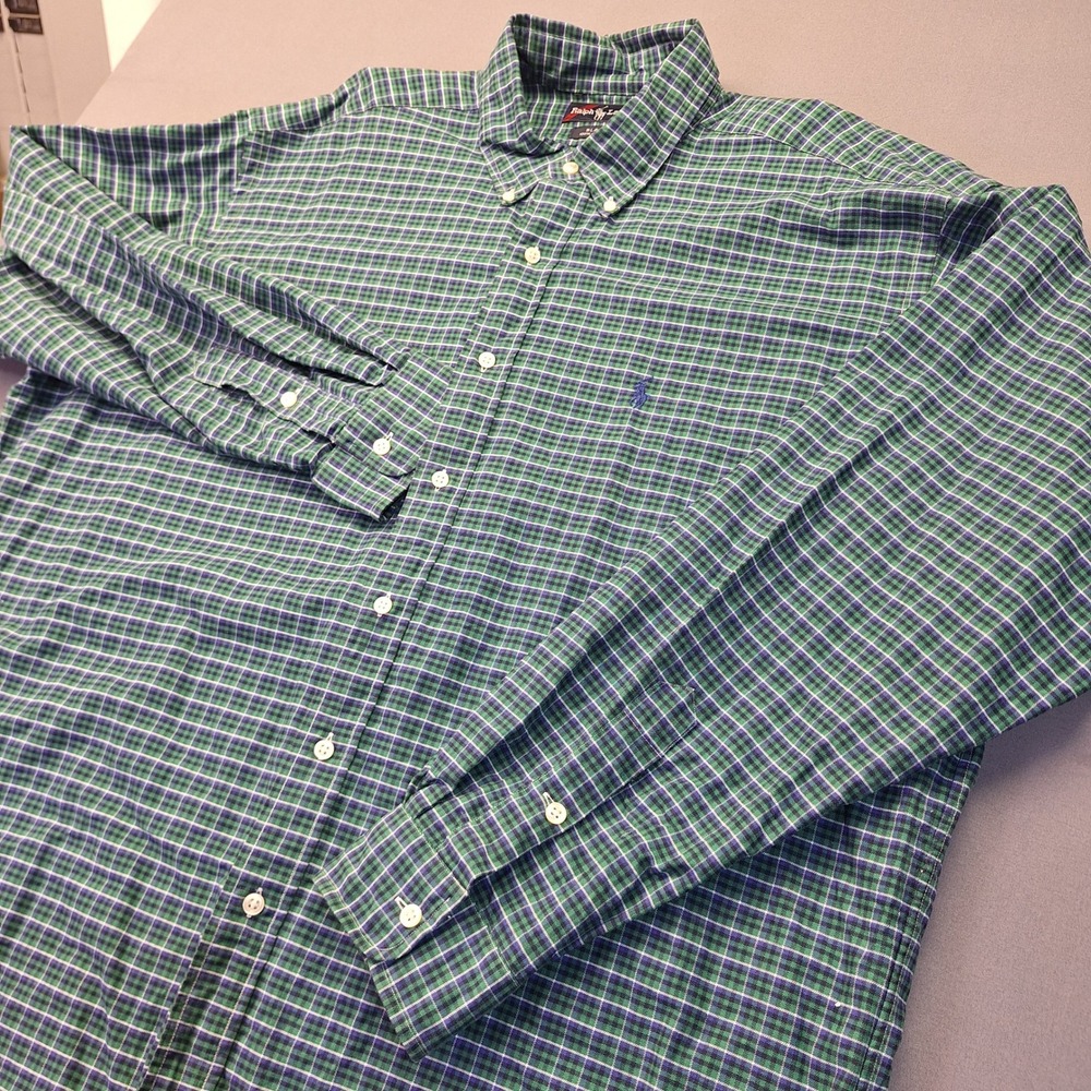 Ralph Lauren Blake Mens XL Green Blue Plaid Cotton Button Down Shirt Long Sleeve